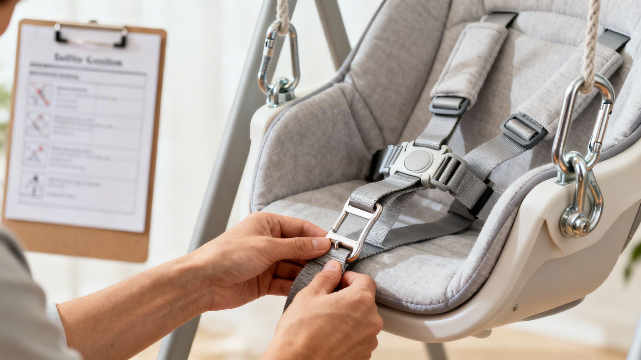 A person's hands adjust the five-point safety harness on a grey baby outdoor swing seat, with safety instructions in the background.