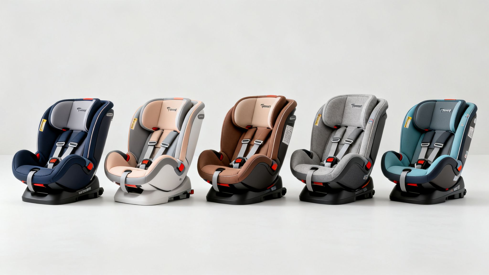 Five Threeway convertible baby car seats in different colors, side by side on a white background.