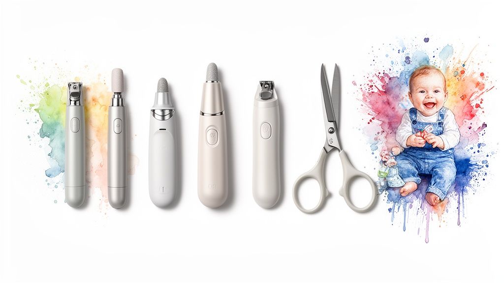 A collection of baby nail trimmer tools, including electric files, clippers, and scissors, next to a smiling baby.