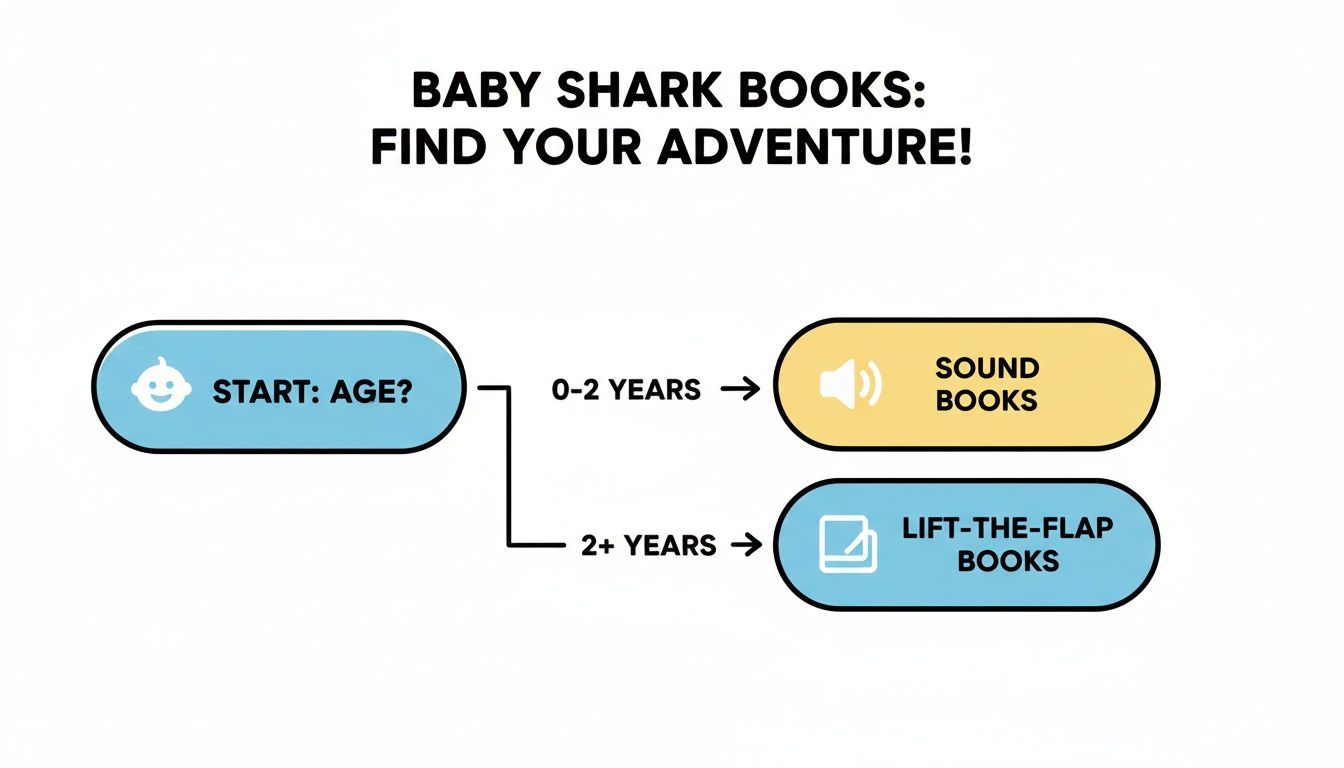 Flowchart guiding selection of Baby Shark books by age: sound books for 0-2 years, lift-the-flap for 2+ years.