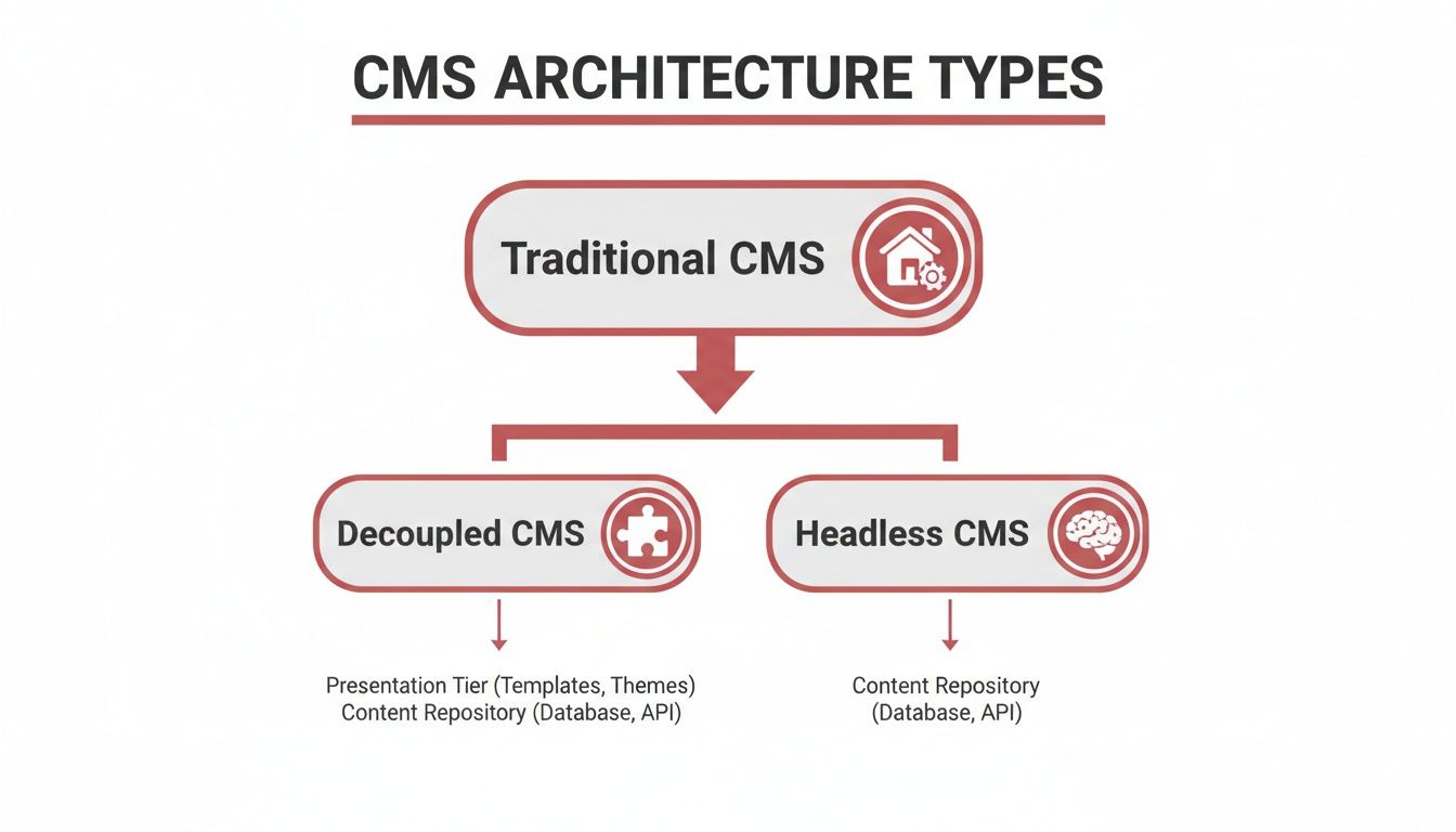 Diagram of CMS architecture types: traditional, decoupled, and headless CMS.