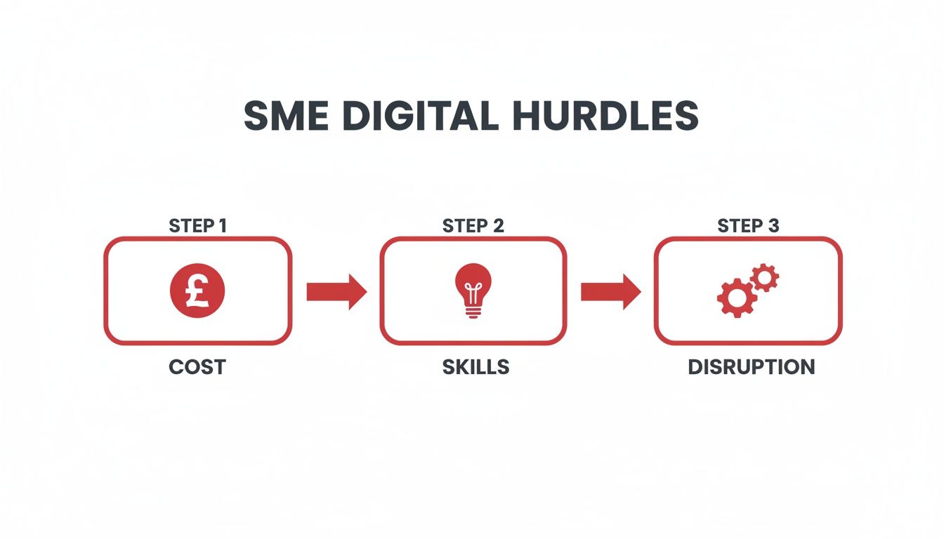 Infographic: SME digital hurdles in a three-step process: cost, skills, and disruption.