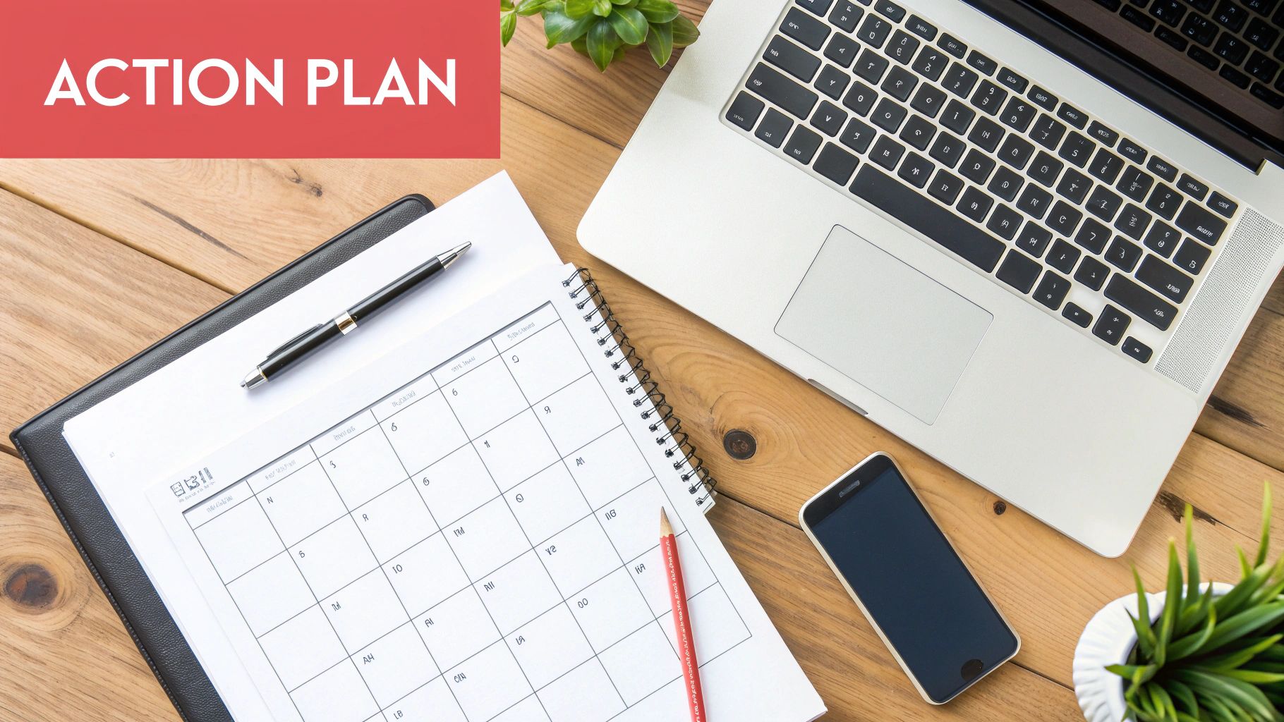 Action plan on wooden desk with laptop, calendar, pen, pencil, phone, and small plant.