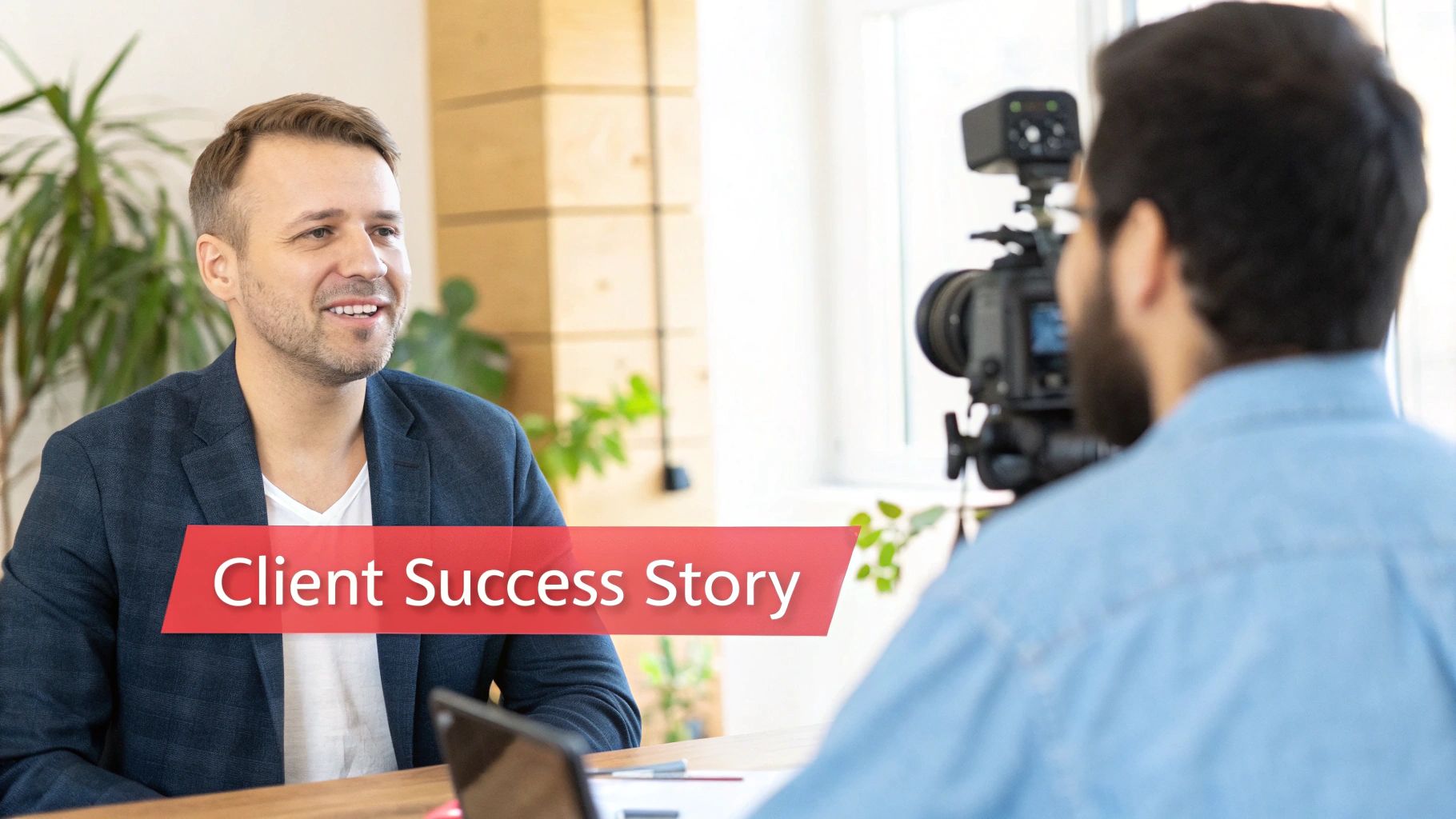 Man being interviewed; client success story; camera and interviewer visible; indoor setting.