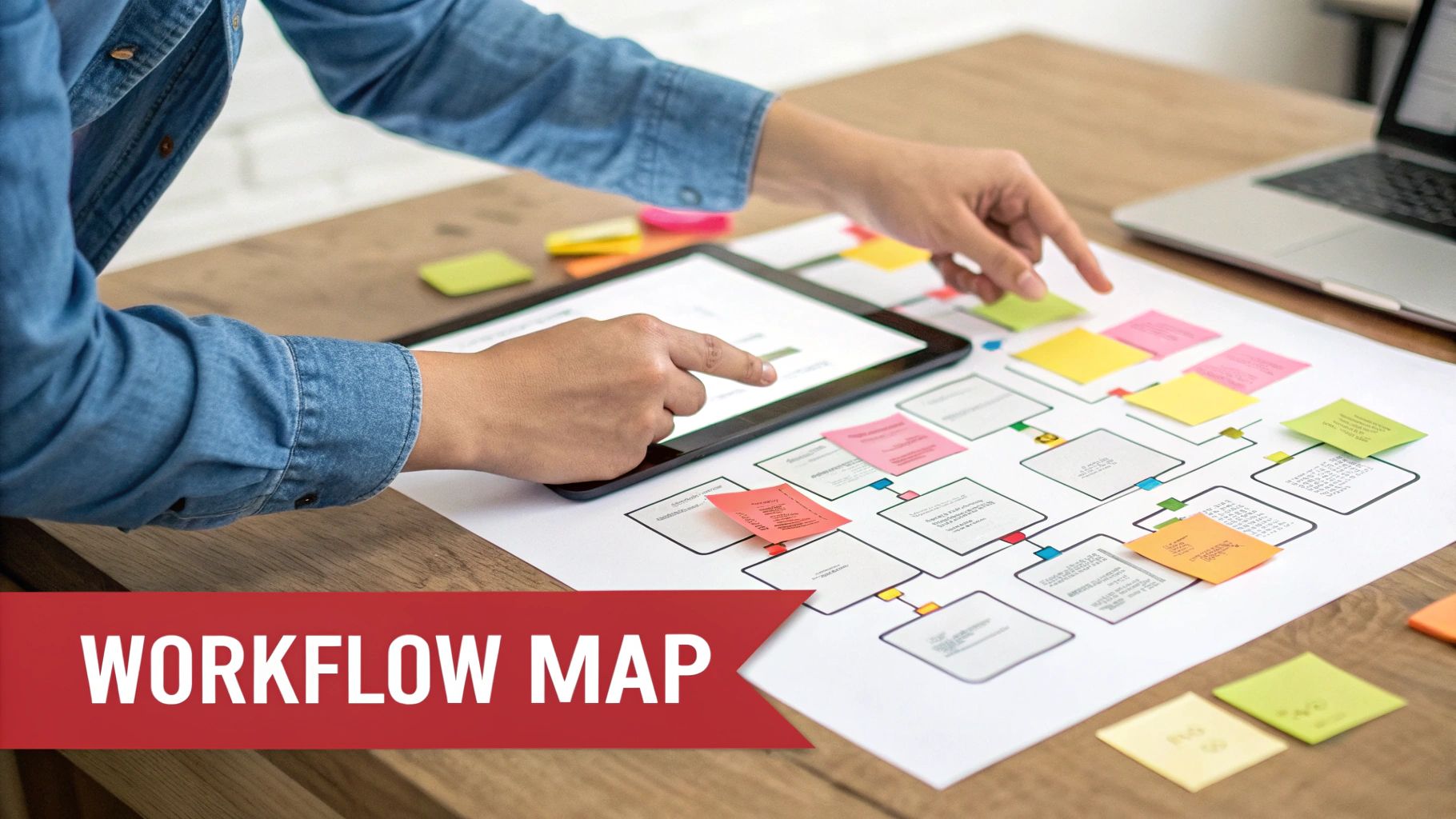 Person arranging sticky notes on a workflow map, with a tablet and laptop nearby.