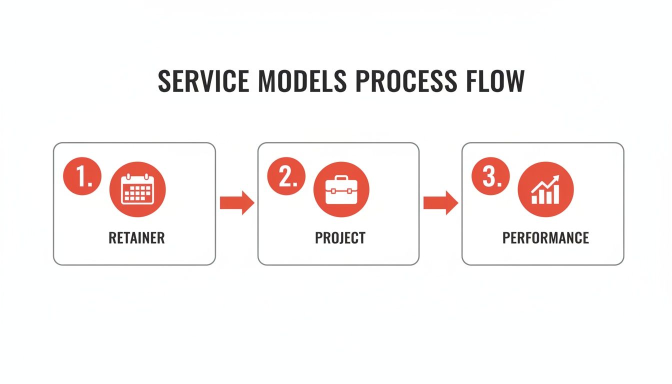 Service Models process flow diagram: Retainer to Project to Performance, with red icons and arrows.