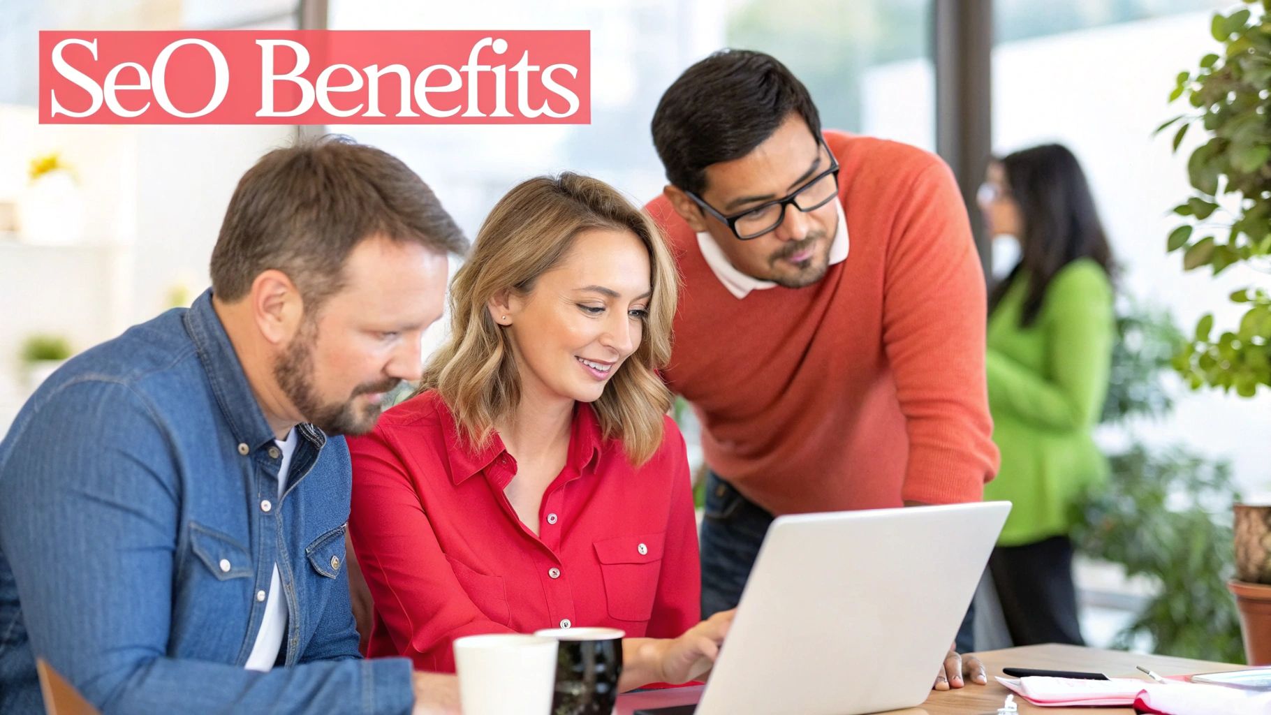 3 people looking at a laptop SEO BENEFITS