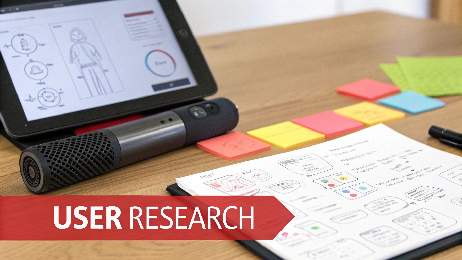 User research setup with tablet, microphone, sticky notes, and sketches.