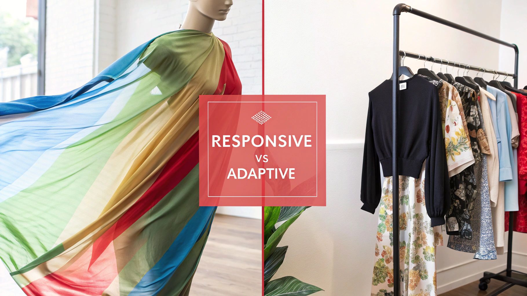Comparison of fashion design concepts: colorful dress on a mannequin vs. clothes rack in a boutique.