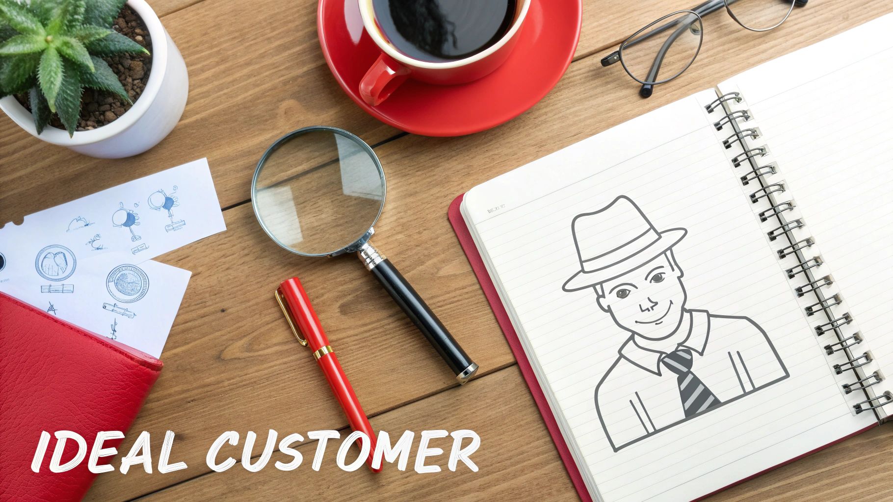 Desk with coffee, notepad drawing of a person in a hat, magnifying glass, pen, and 