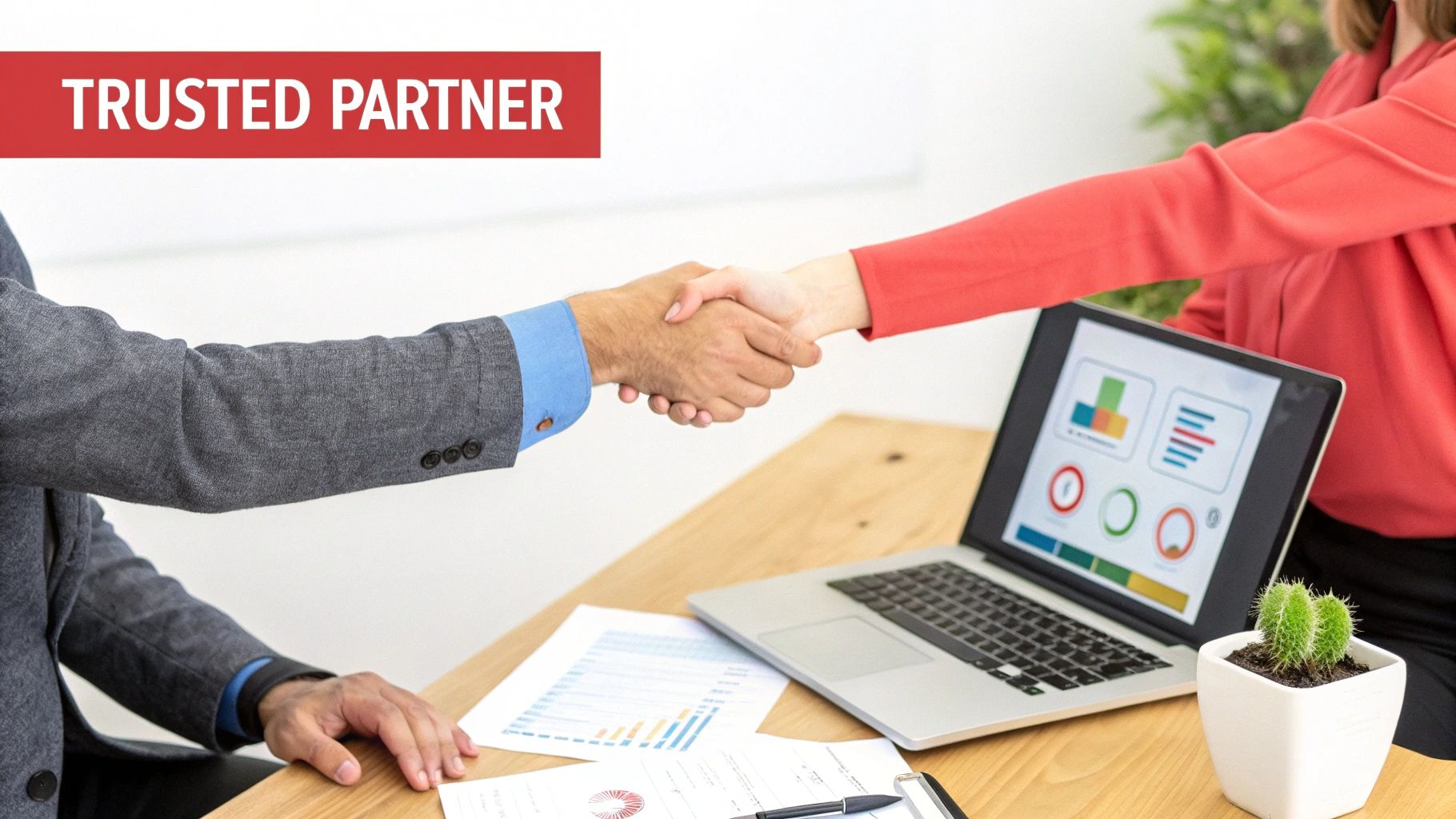 Two people shaking hands over a desk with a laptop displaying charts and a 