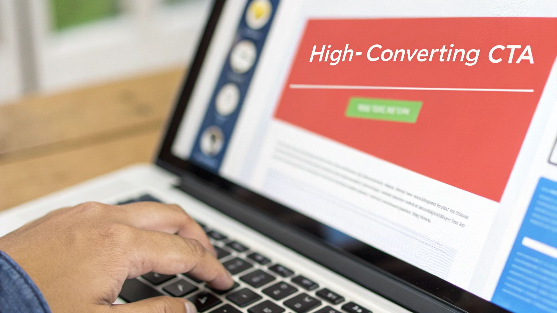 Person typing on laptop, viewing a webpage with a red banner and call-to-action button, 