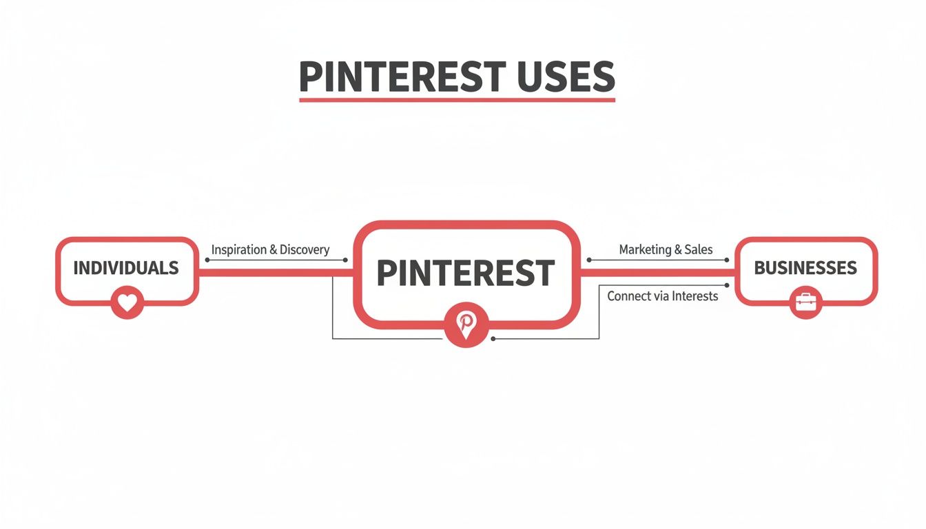 Diagram: Pinterest uses. Individuals use it to seek info, and businesses use it to generate leads.