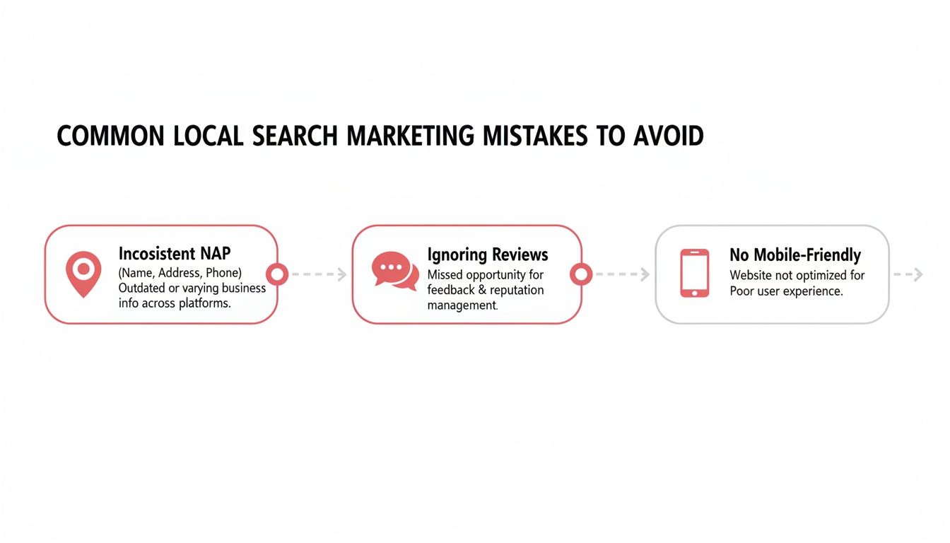 Common local search marketing mistakes: Inaccurate NAP, Ignoring Reviews, and No Mobile-friendly website.