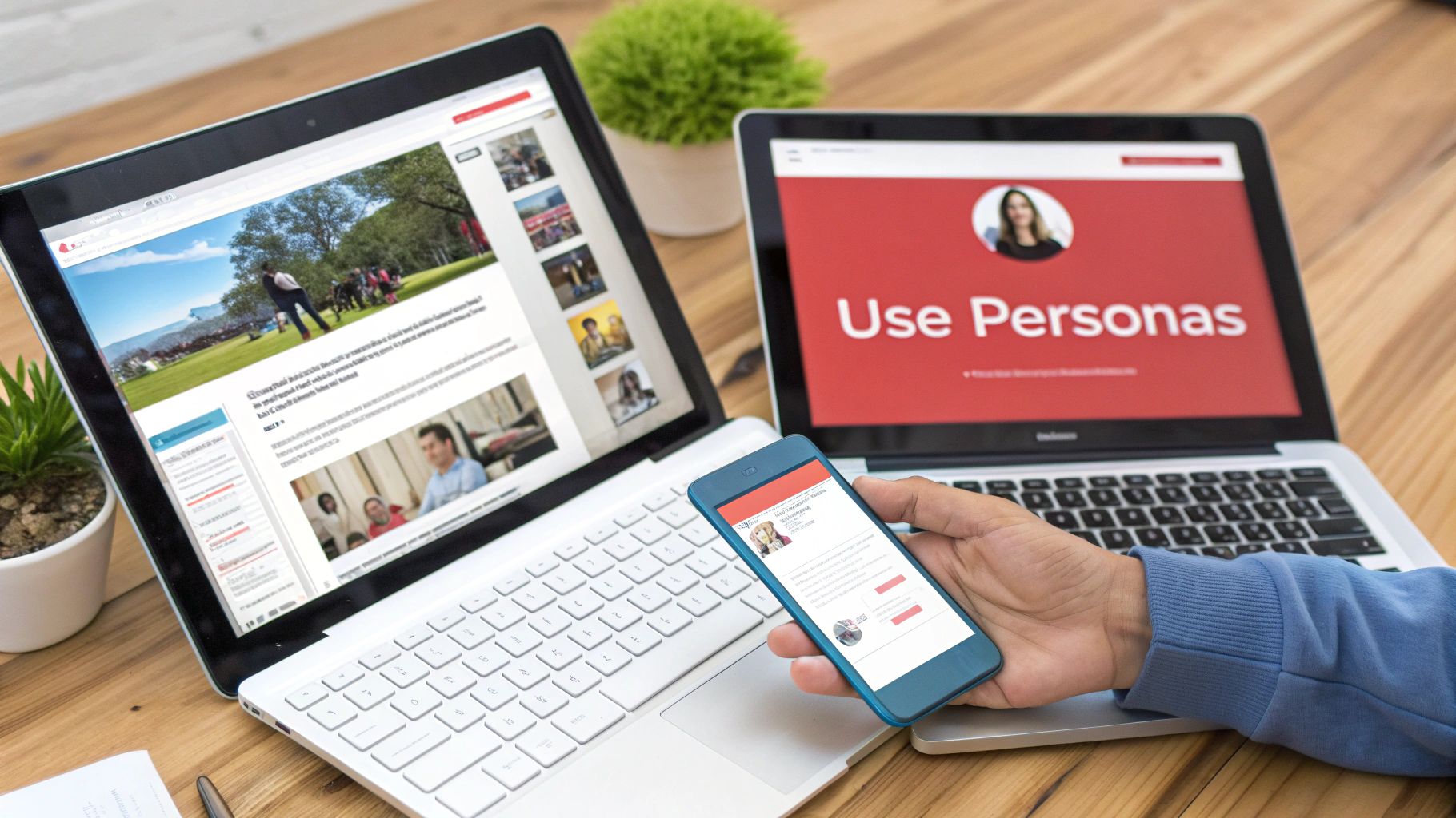 Person using laptop, smartphone, and another laptop with 