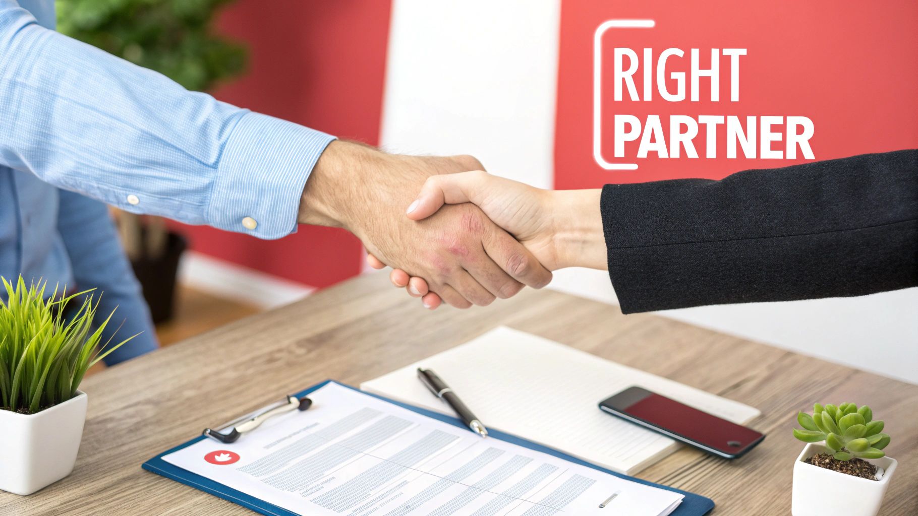 two handsshaking over a desk with documents underneath