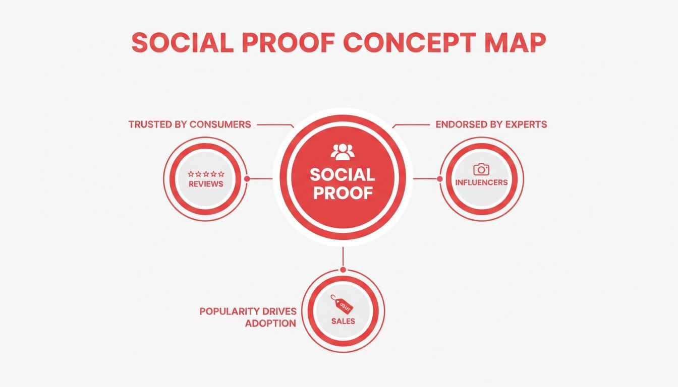 Concept map: Social Proof. Central circle, “Social Proof”, with three circles: “Buyer’s Comments”, 