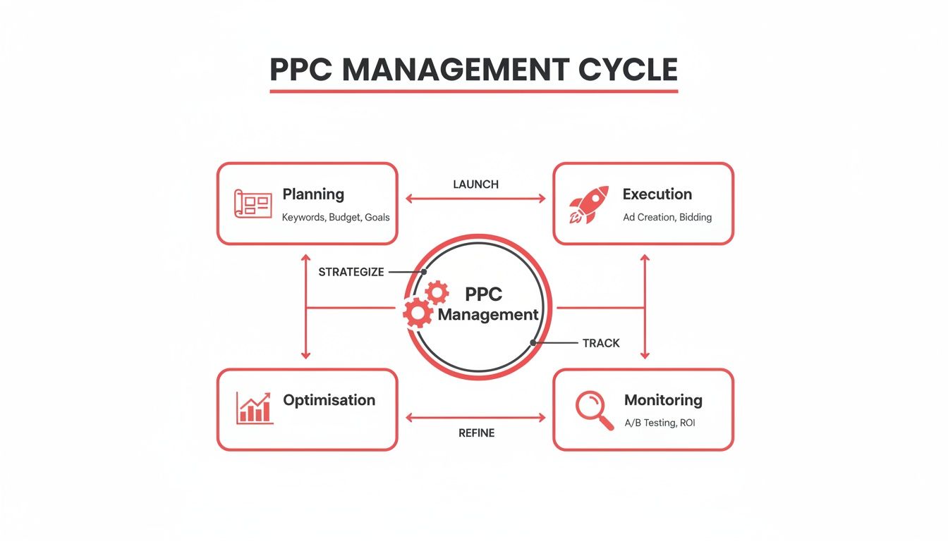 PPC Management cycle diagram: Planning, execution, monitoring, and optimization are steps forming a continuous cycle.