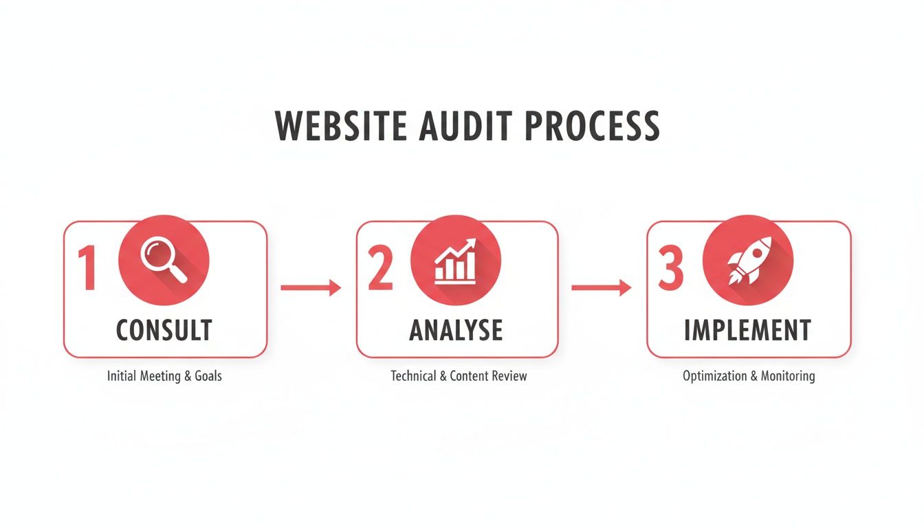 Website audit process: Consult, analyze, implement. Red icons and arrows in a step-by-step process.