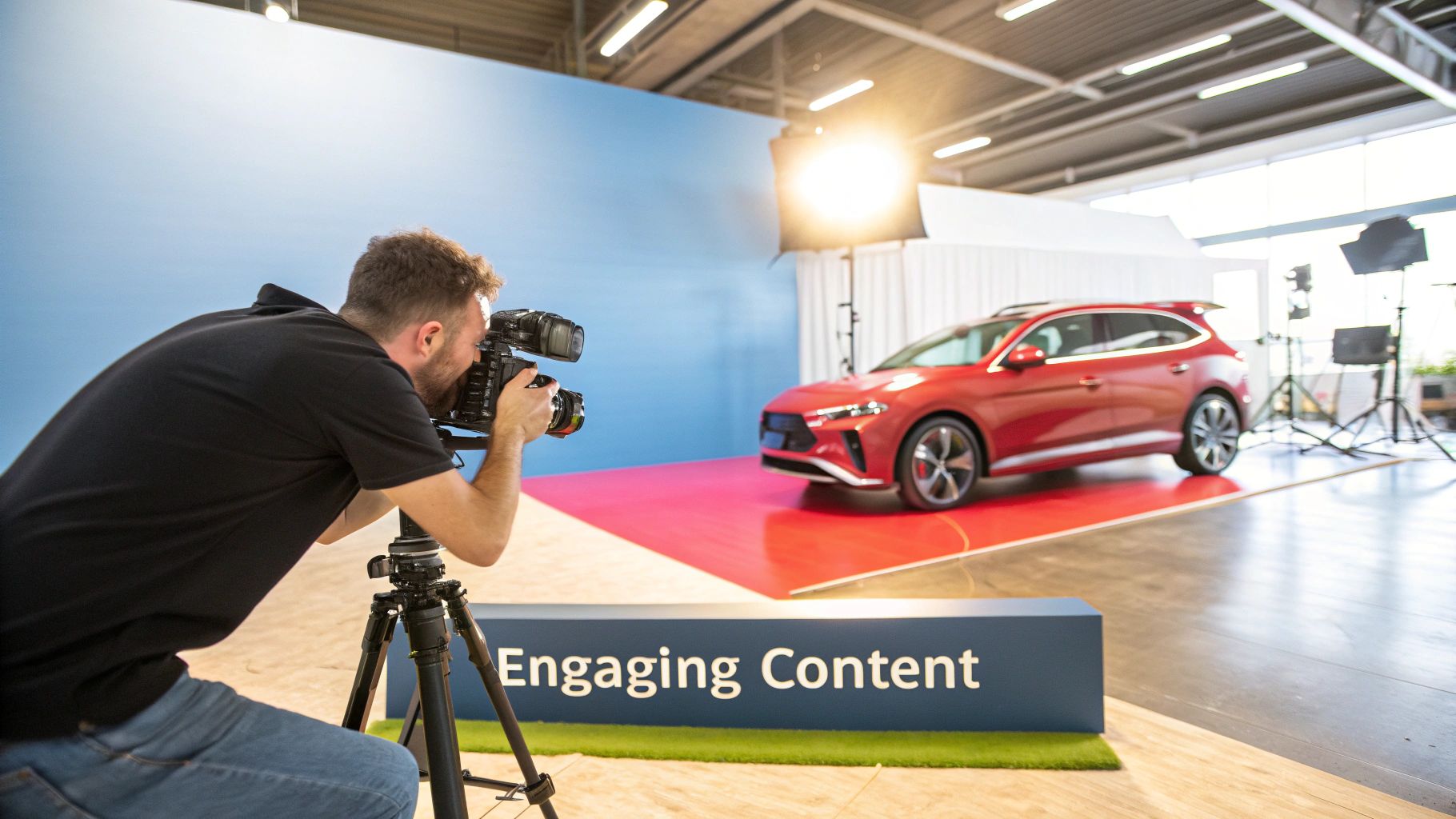 man taking a photo of a red car in a studio