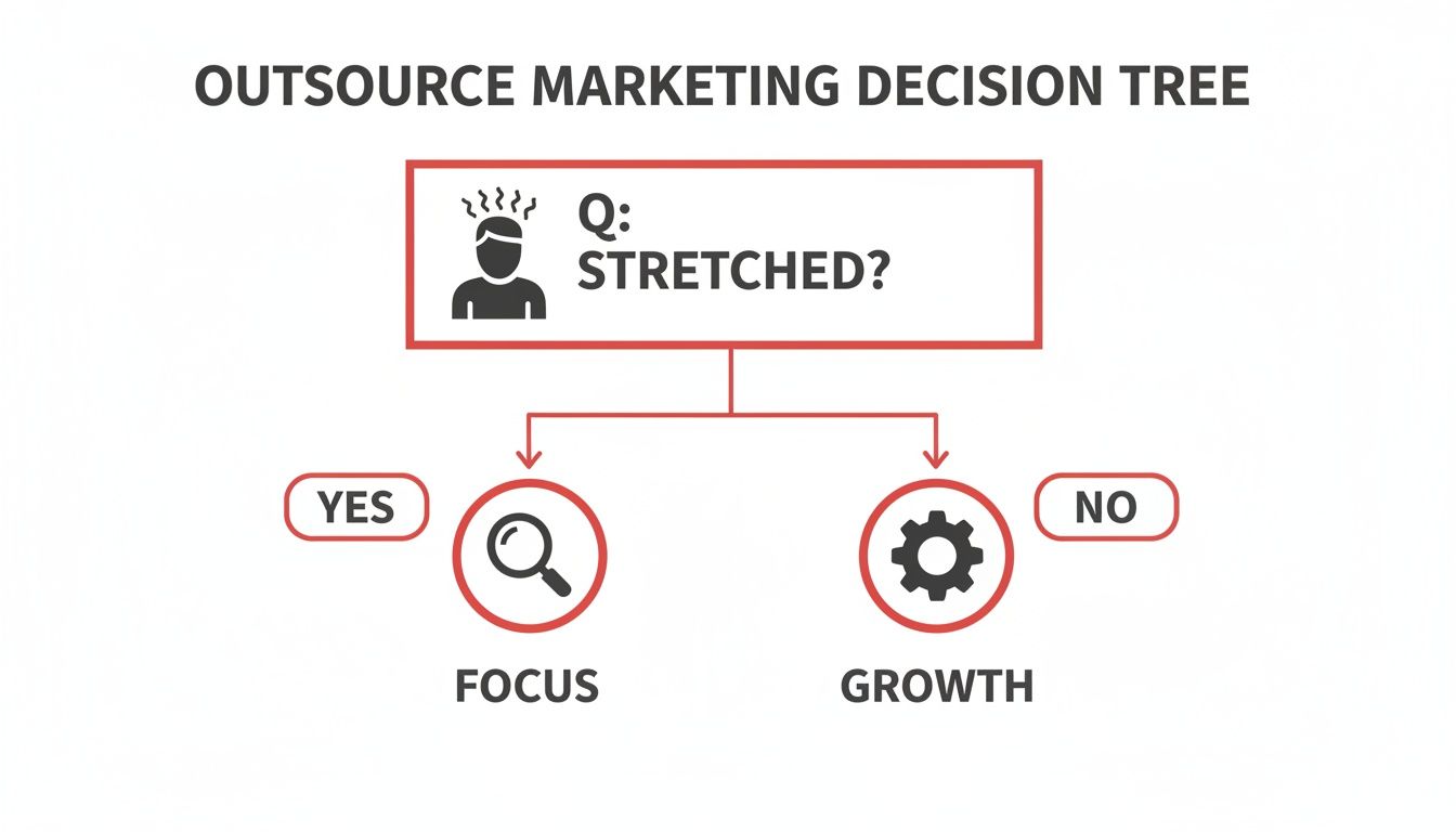 Outsource marketing decision tree: Are you stretched? Yes = Focus, No = Growth.