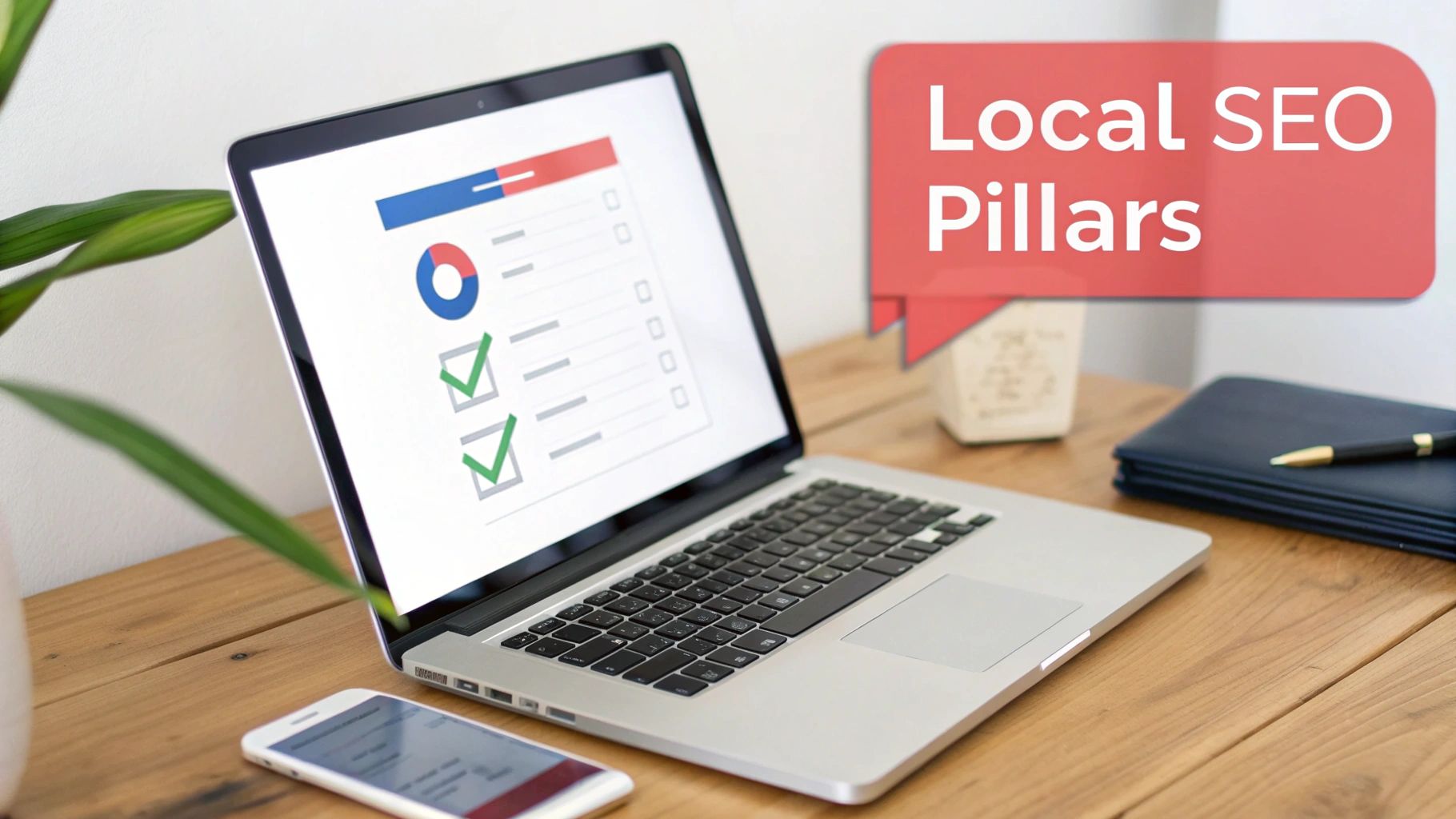 Laptop on desk with Local SEO Pillars graphic, next to a smartphone and notepad.