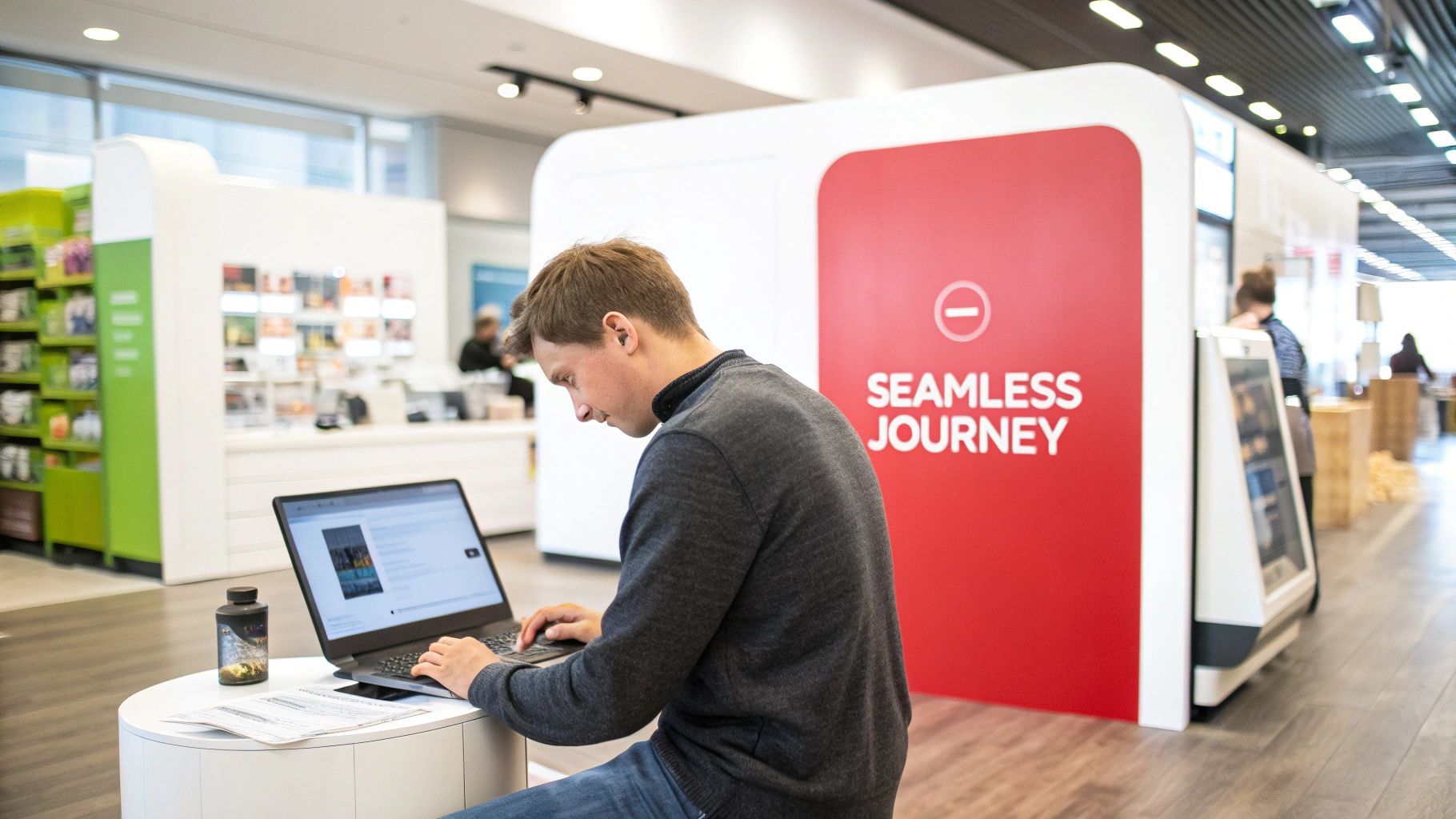 Man working on laptop in a bright retail space with 