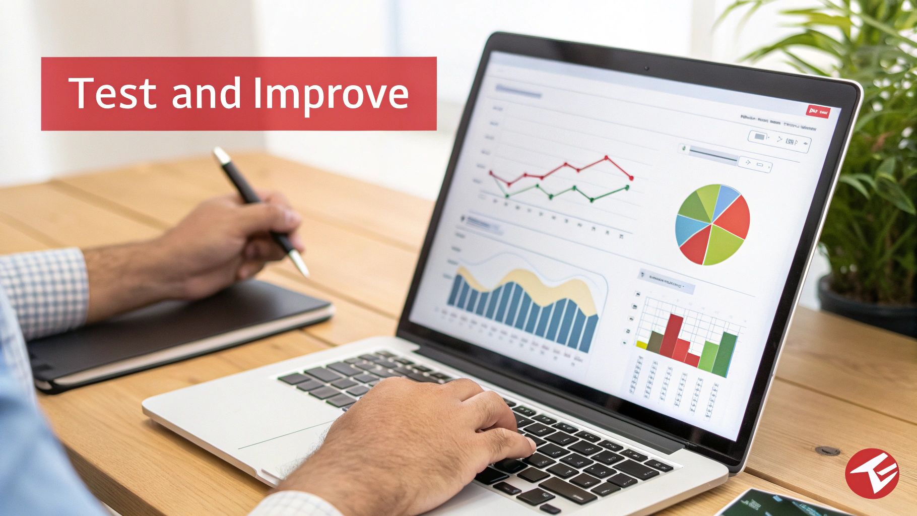 Person working on a laptop with charts and graphs, 