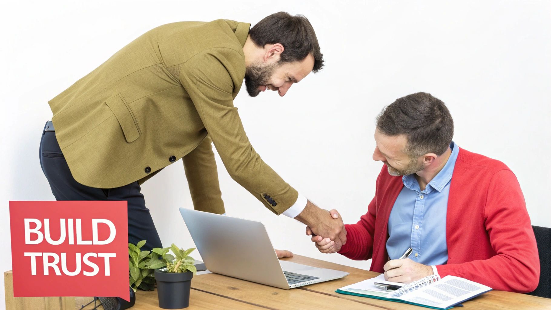 two men shaking hands over a desk