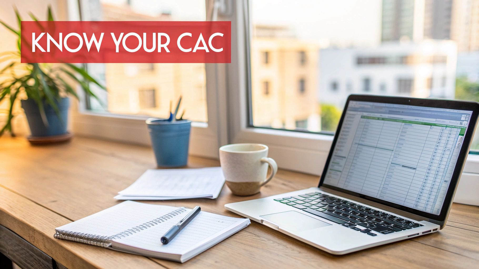 Laptop on a desk by a window with notepad, pen, and coffee mug. 