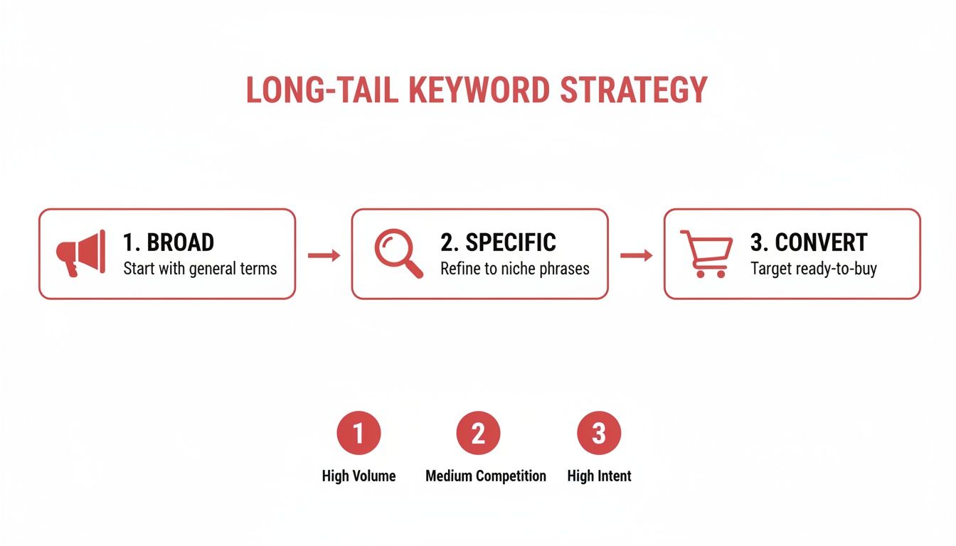 Long-tail keyword strategy diagram: Broad to specific to convert; High volume to high intent.