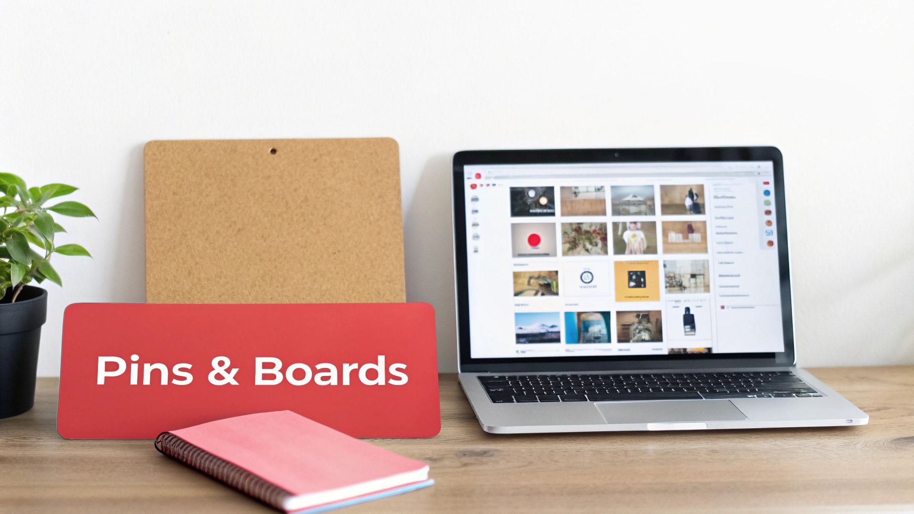 Laptop with a Pinterest board open, next to a corkboard, red sign and notebook on desk.