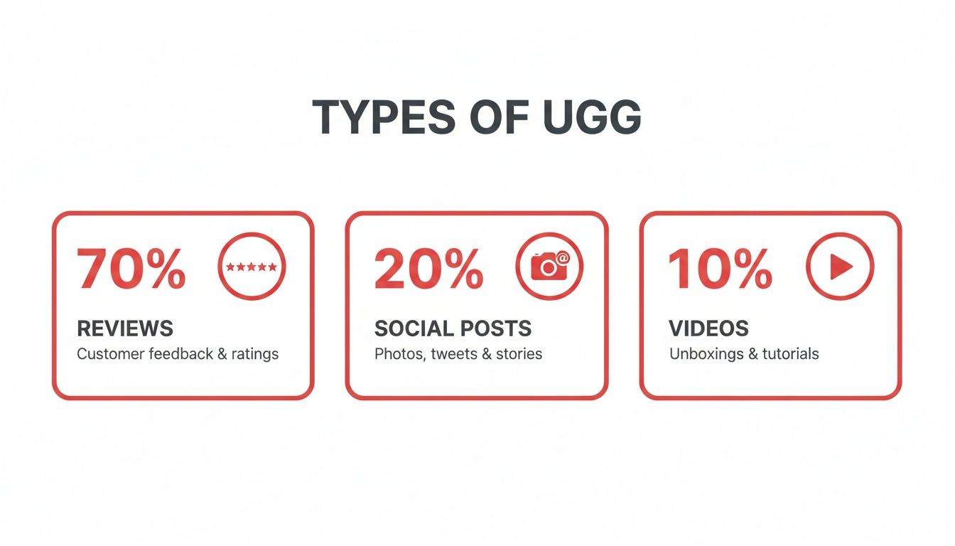 Graphic showing types of UGG content: 70% reviews, 20% social posts, 10% videos.