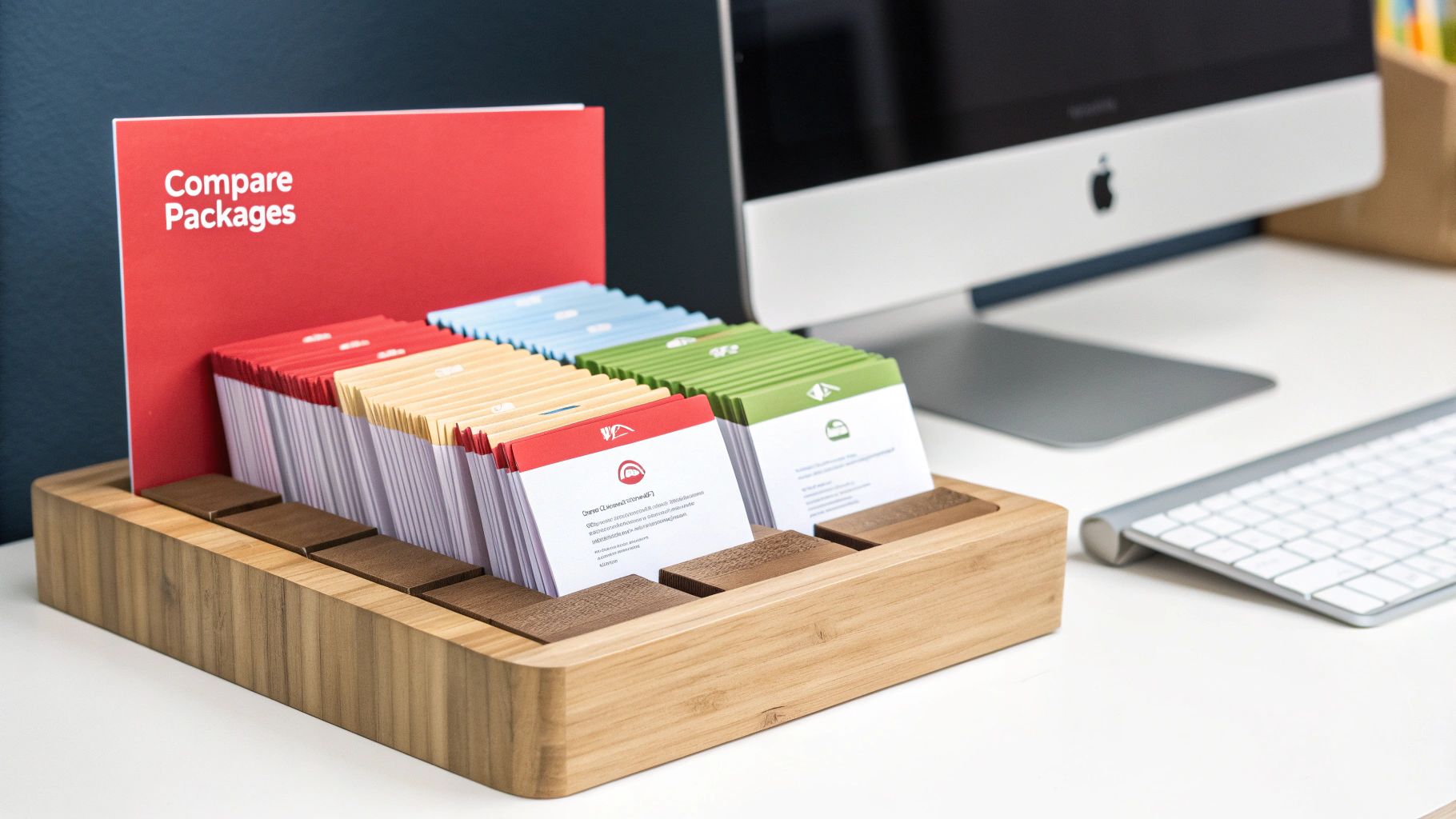 Business cards in a wooden stand with a compare packages sign at the back