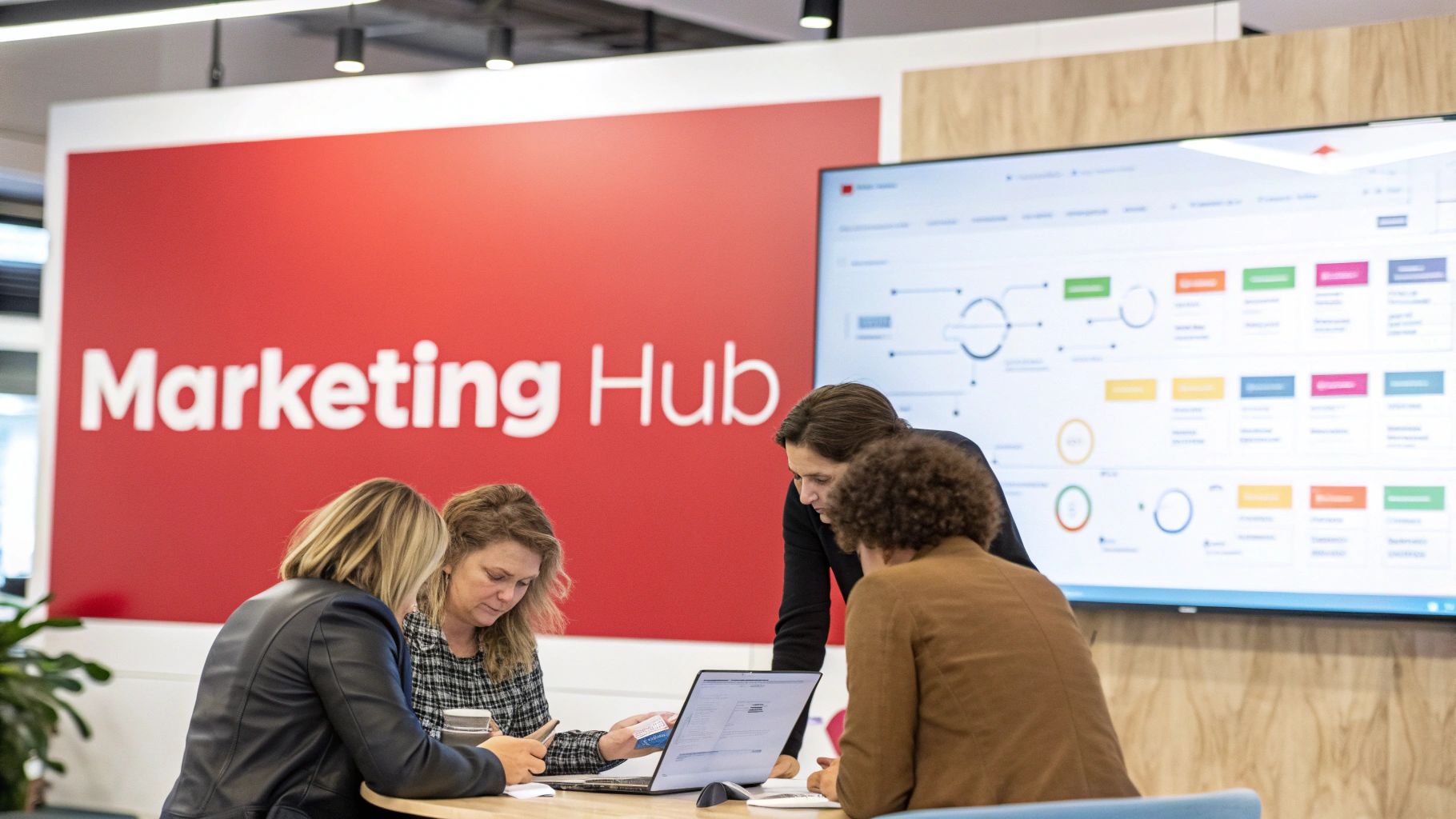 Four people collaborating around a laptop in a 