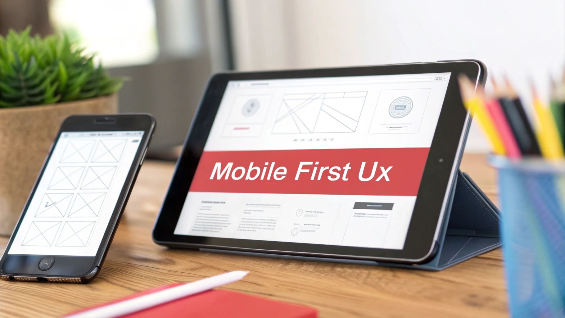 Smartphone and tablet displaying a website wireframe with the words 