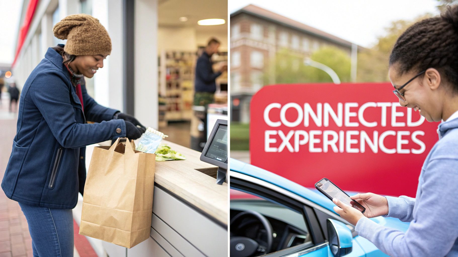 Woman receiving a bag from a counter, smiling, and another woman using a phone near a 