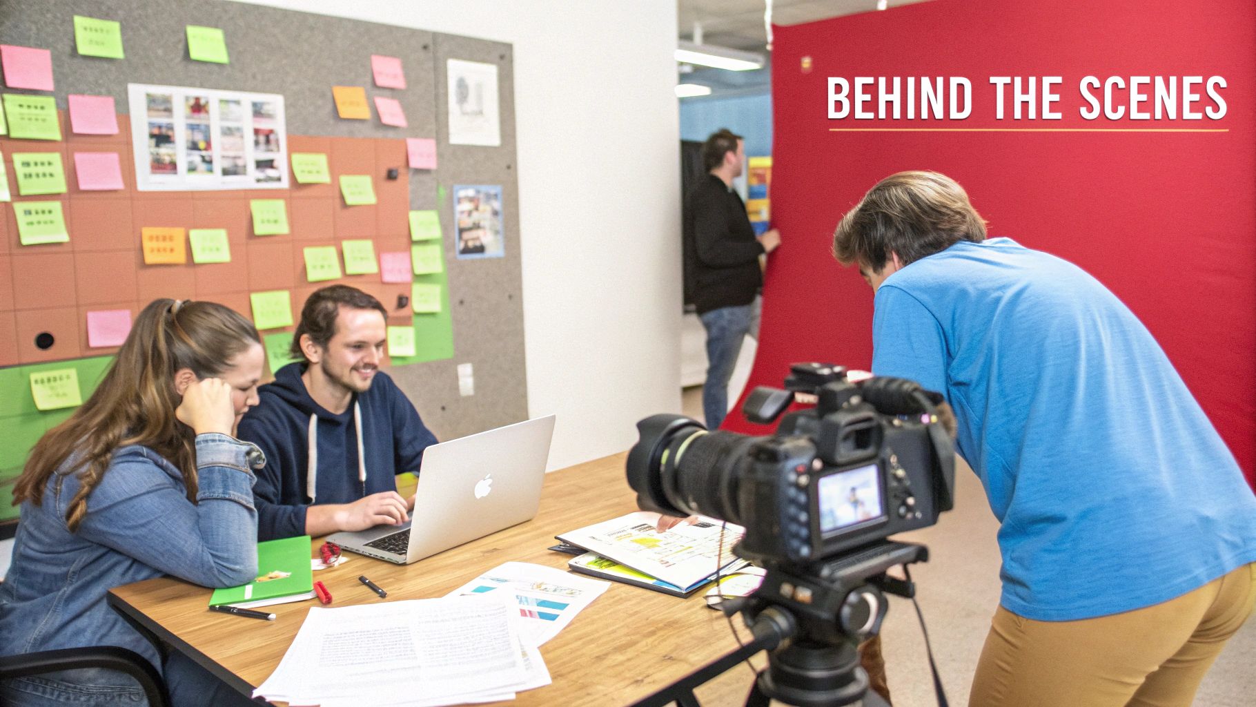 People working on a film set, one filming with a camera, others look at a laptop, with sticky notes on the wall.