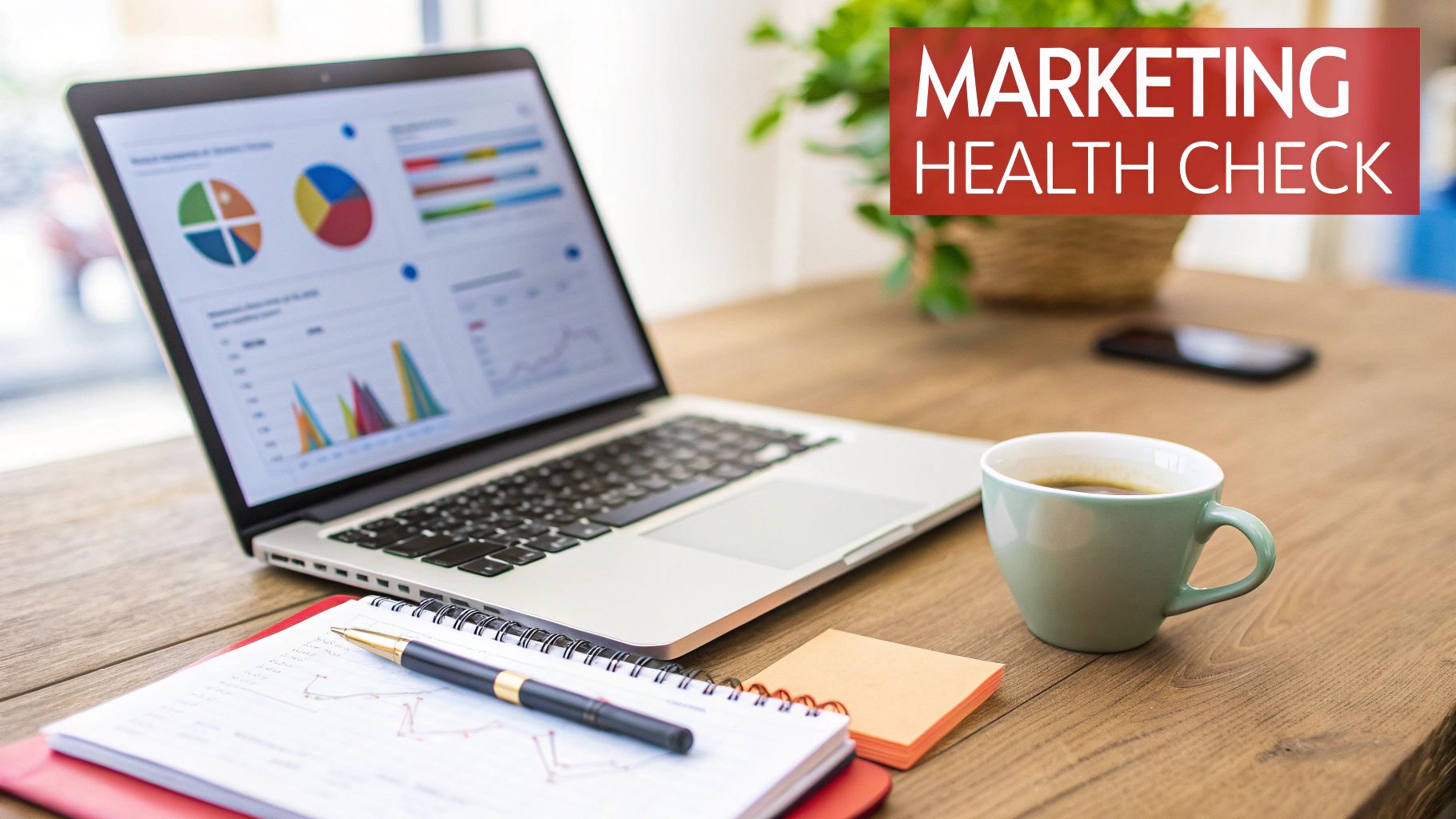 Laptop displaying charts, coffee cup, notebook, and pen on a desk with 