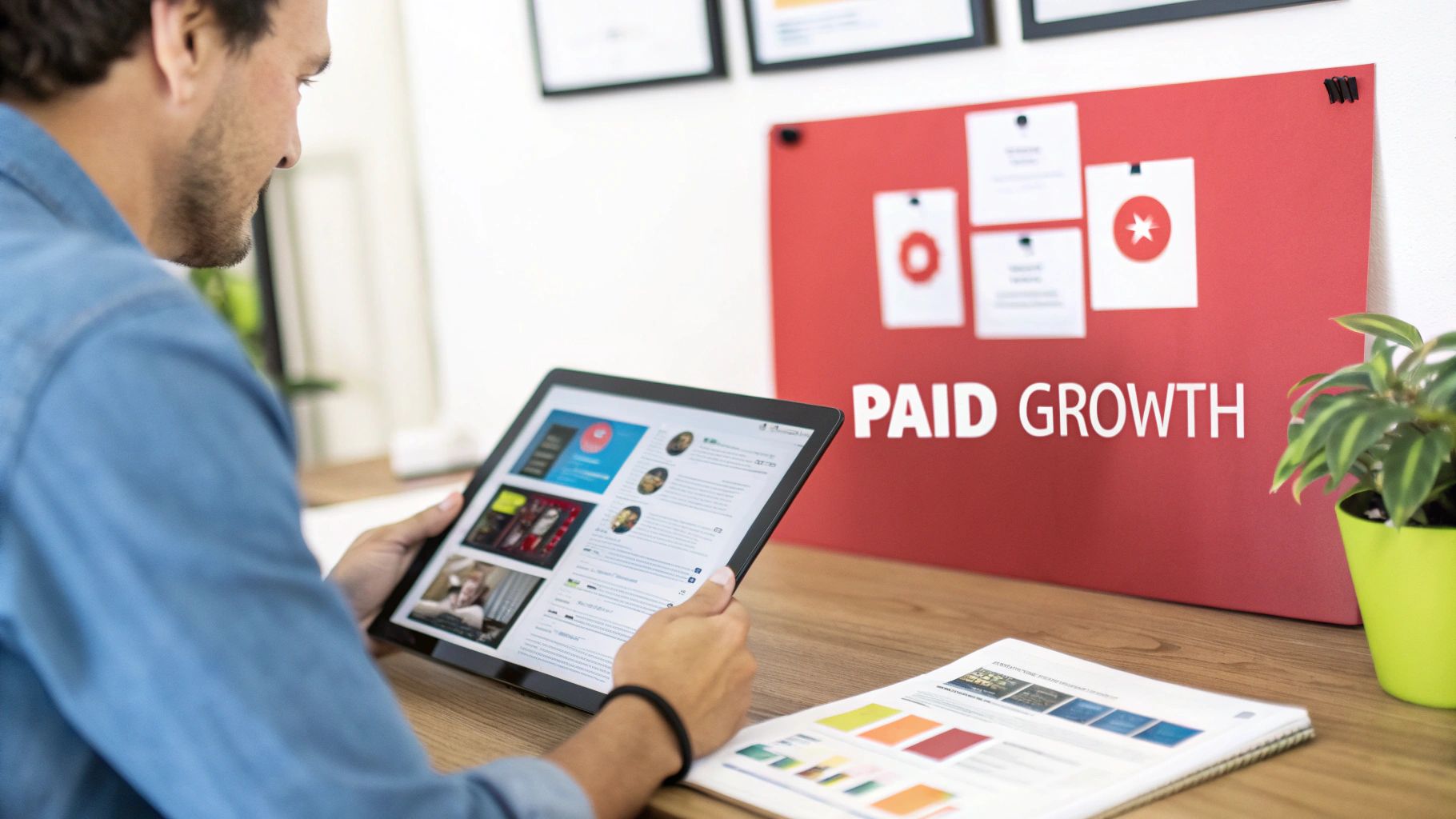 Man using a tablet, looking at charts on a table with 