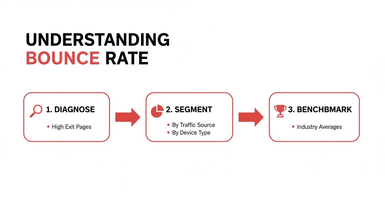 Infographic: Steps to understand bounce rate. Steps include diagnose, segment, and benchmark.