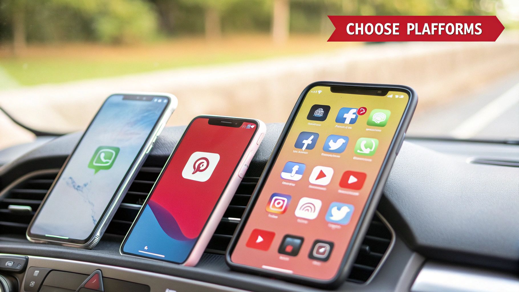 3 mobile phones on a car dashboard with social media icons on the screens 