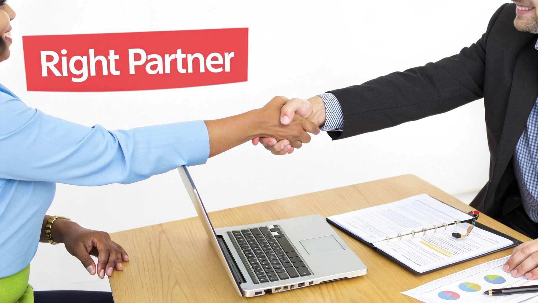 Two people shaking hands over a table with a laptop, documents, and a 