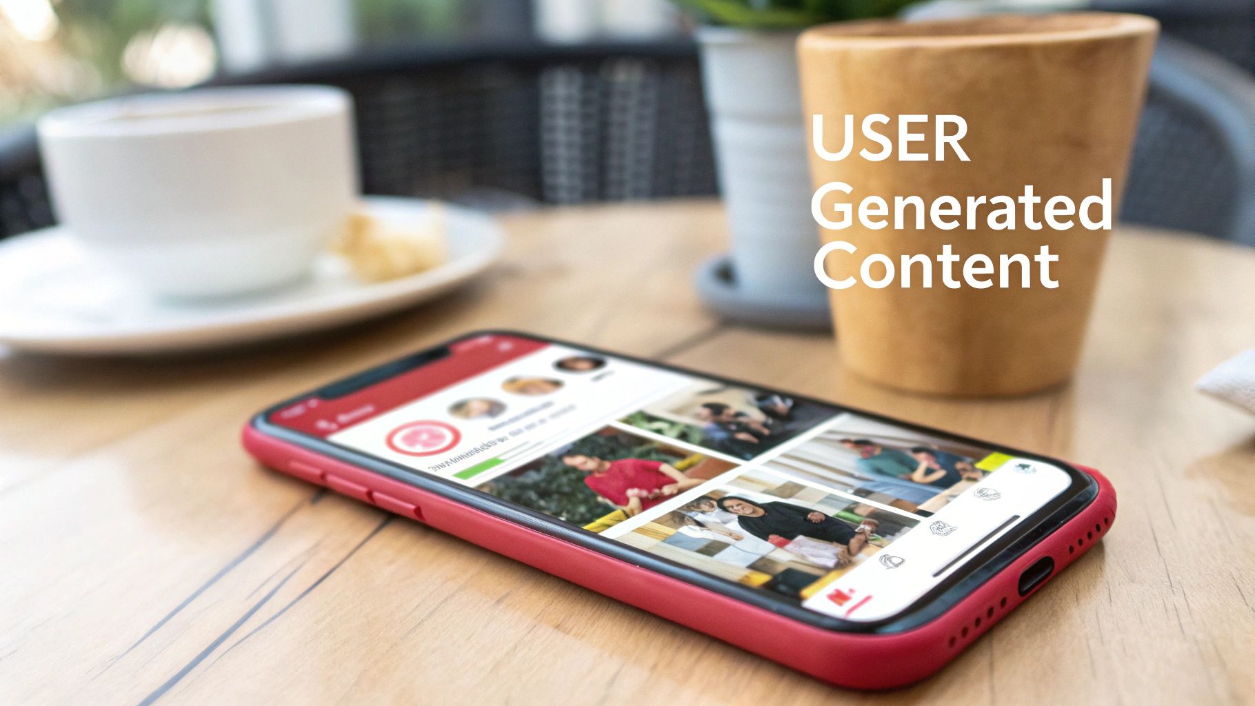 Smartphone displaying user-generated content, sitting on a table with a coffee cup and plant.