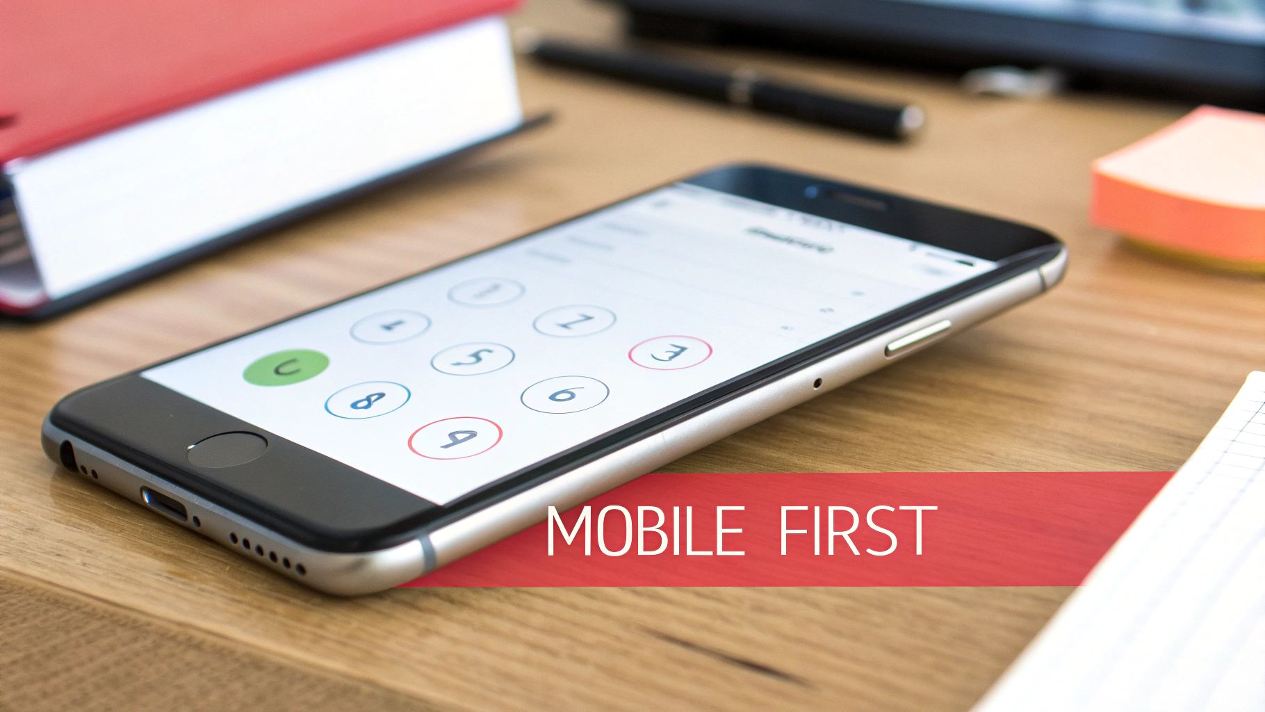 Smartphone on a wooden desk with a phone dialer screen. Text overlay: 