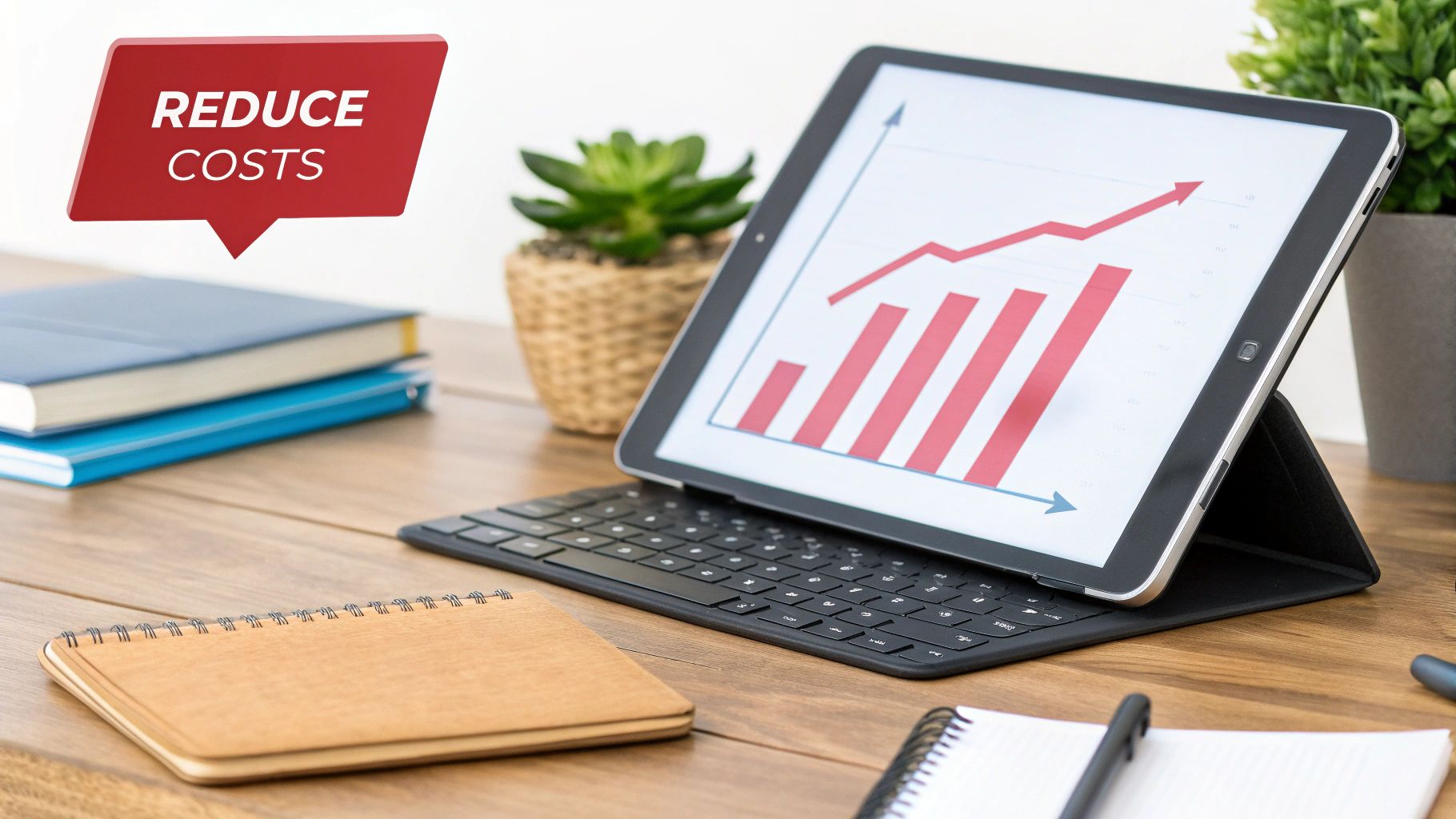 laptop with a graph on the screen with a notebook on the desk next to it