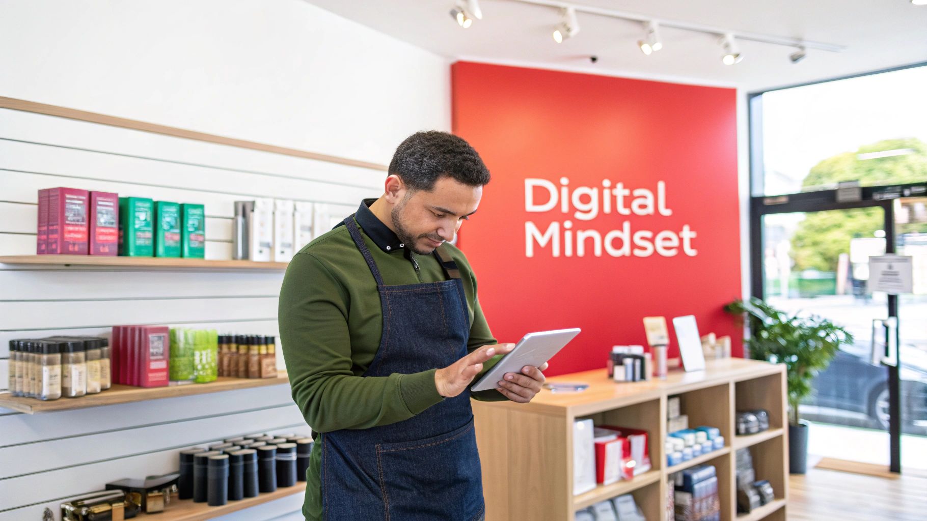 Man in apron using tablet in shop with 