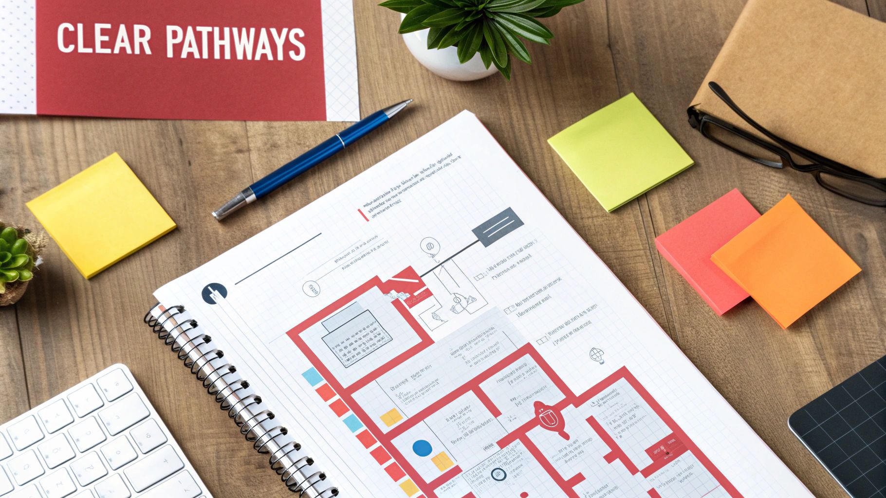 Workspace with open notebook diagram, pens, sticky notes, glasses, and plant; 
