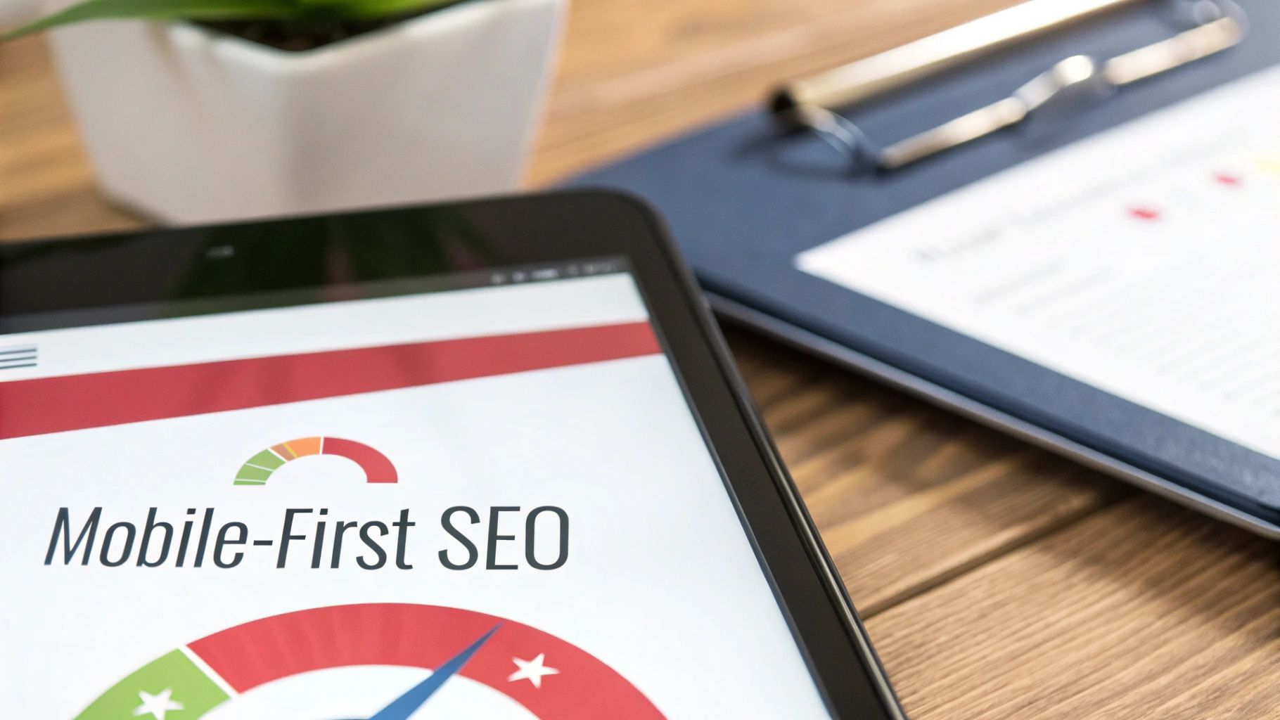 Tablet screen showing a mobile-first SEO gauge, with a clipboard and plant in the background.