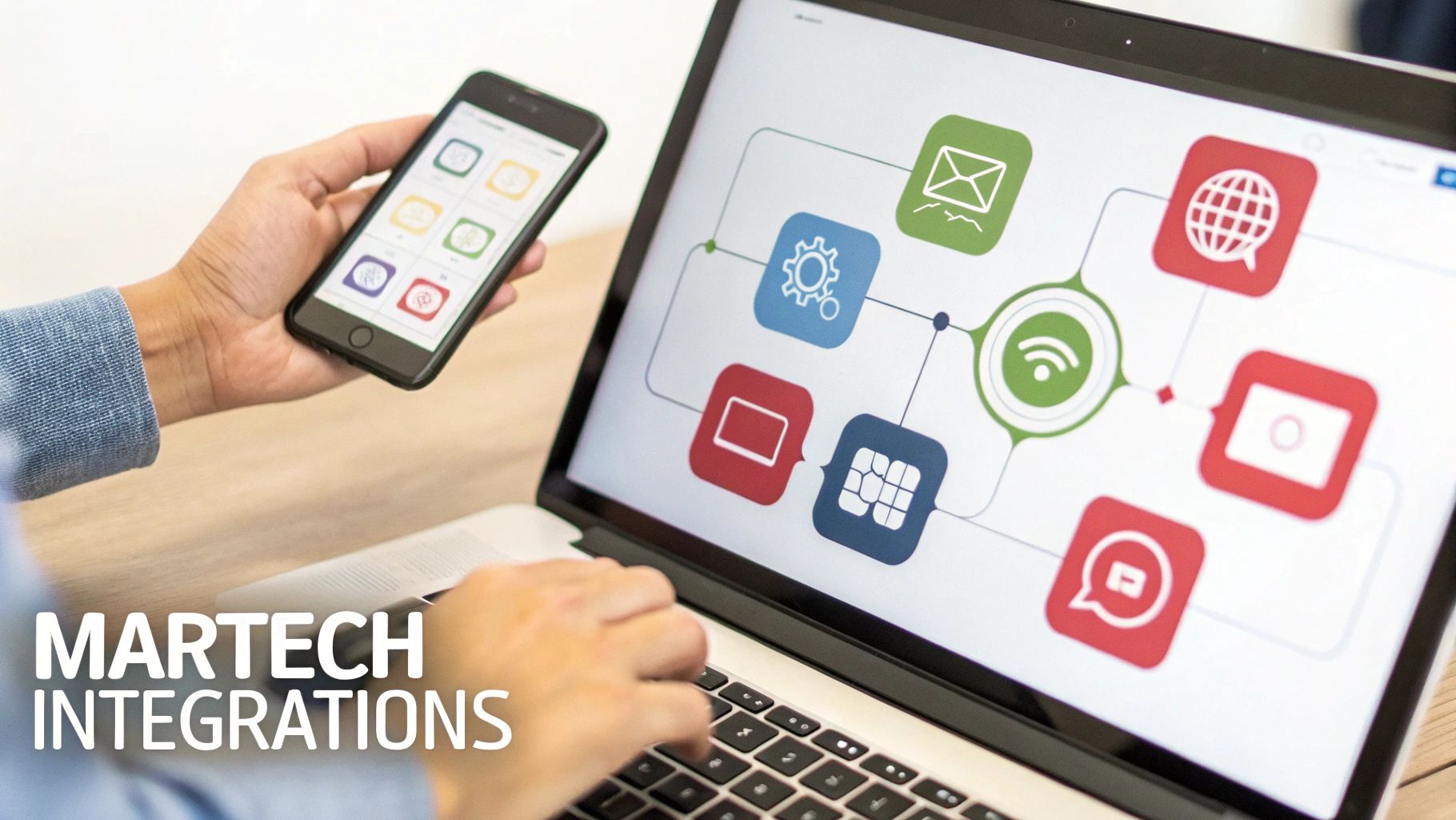 Person using laptop and phone, with a graphic showing marketing technology integration and several app icons.